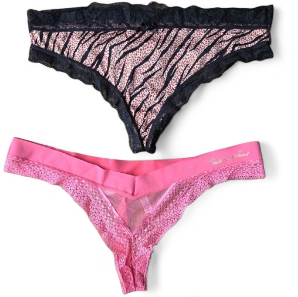 Victoria's Secret Bundle Of 2 Incredible Thongs String Lace Pink Leopard Logo XL